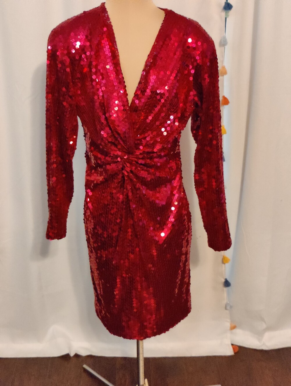 Red Hot full Sequin Mini Dress twist bust deep V 80s Vintage Chic S